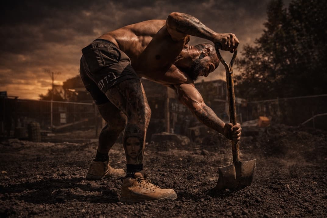 Construction worker digging on a concrete job site